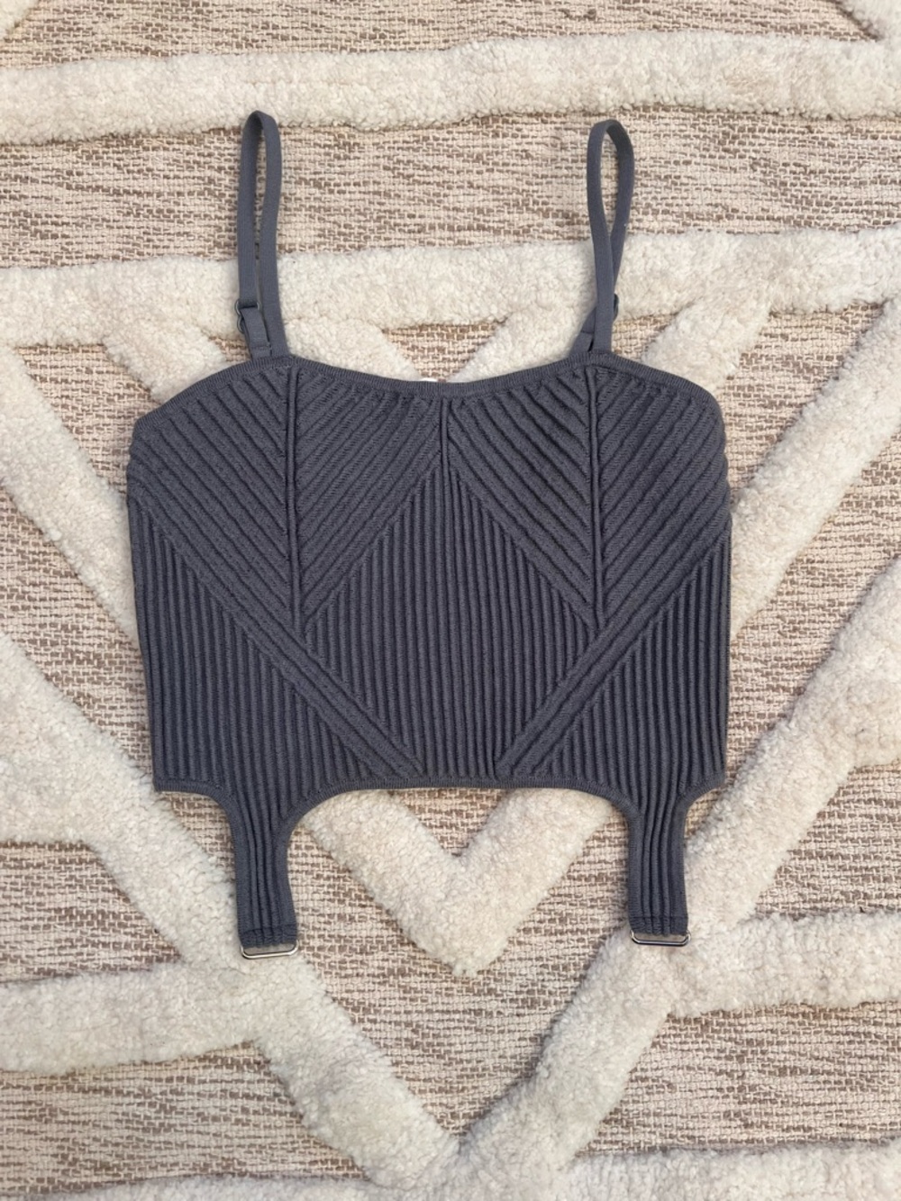 ALO Yoga Denim Knit Garter Tank Gray/Anthracite Ribbed Cutout Crop Tank Small